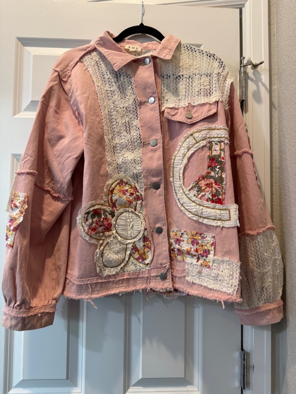 POL Pink Patchwork Embroidered Denim Jacket